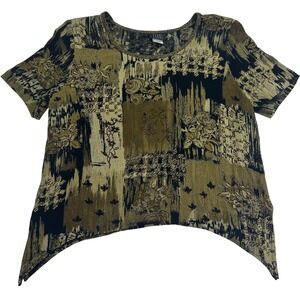 Vintage Teddi Artistic Floral Print Hi-Lo Hem Short Sleeve Top‎ - Black & Gold